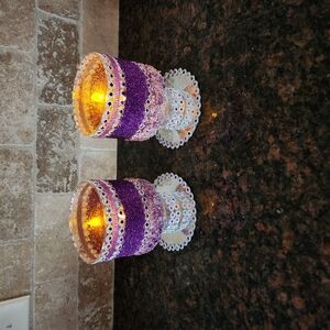 Elegant Purple and Silver Candle Holders with Textured Accents
